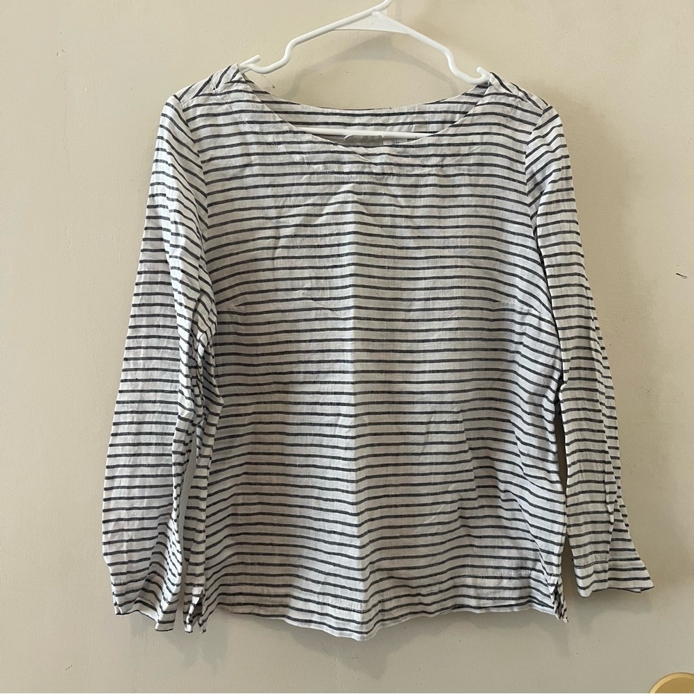 Sigrid Olsen boat neck 3/4 sleeve tee linen striped white and navy blue